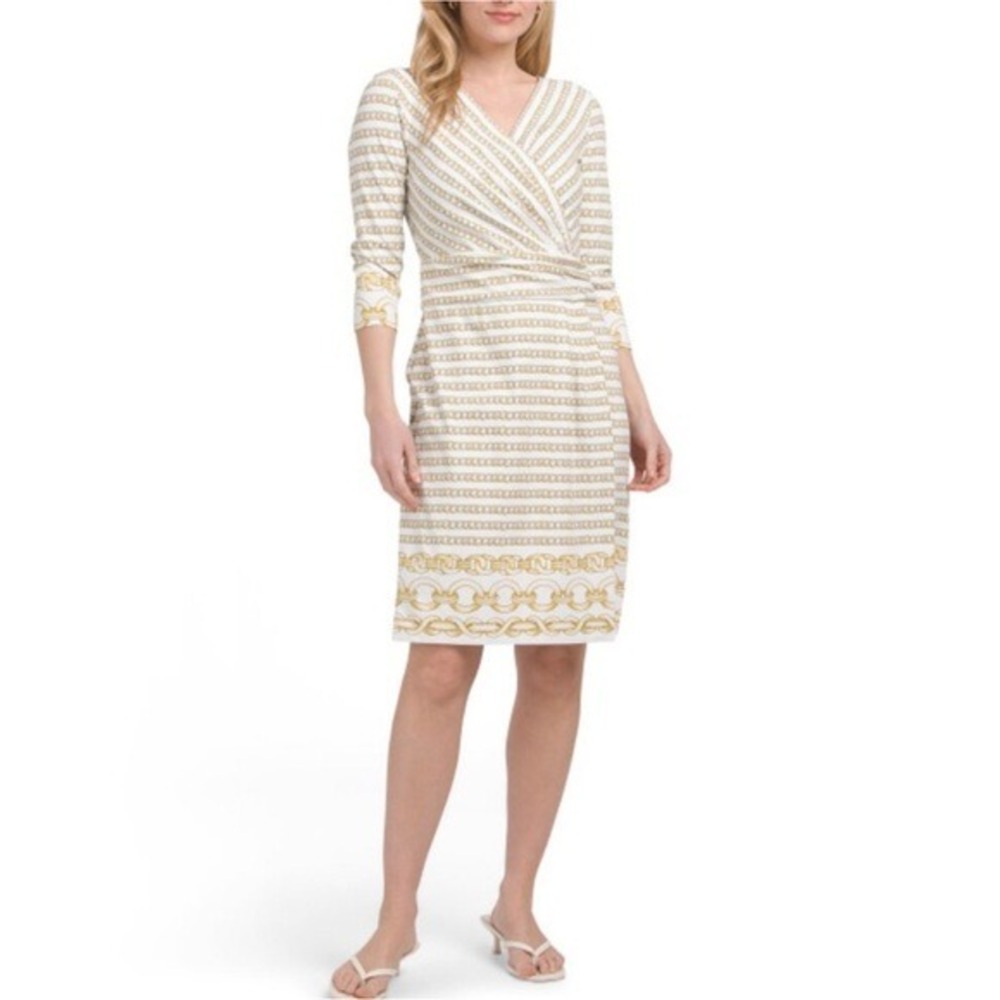 J.McLaughlin Brea Wrap‎ Dress Gold White Optic Link Chain Print Small